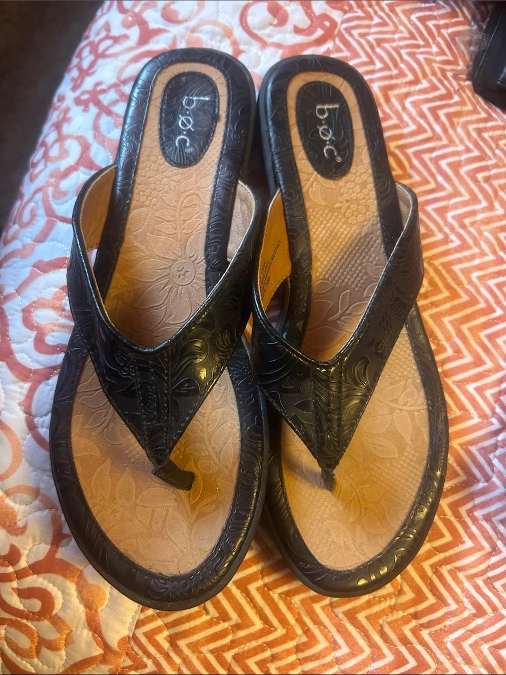 b.o.c. Black Embossed Leather Thong Sandals